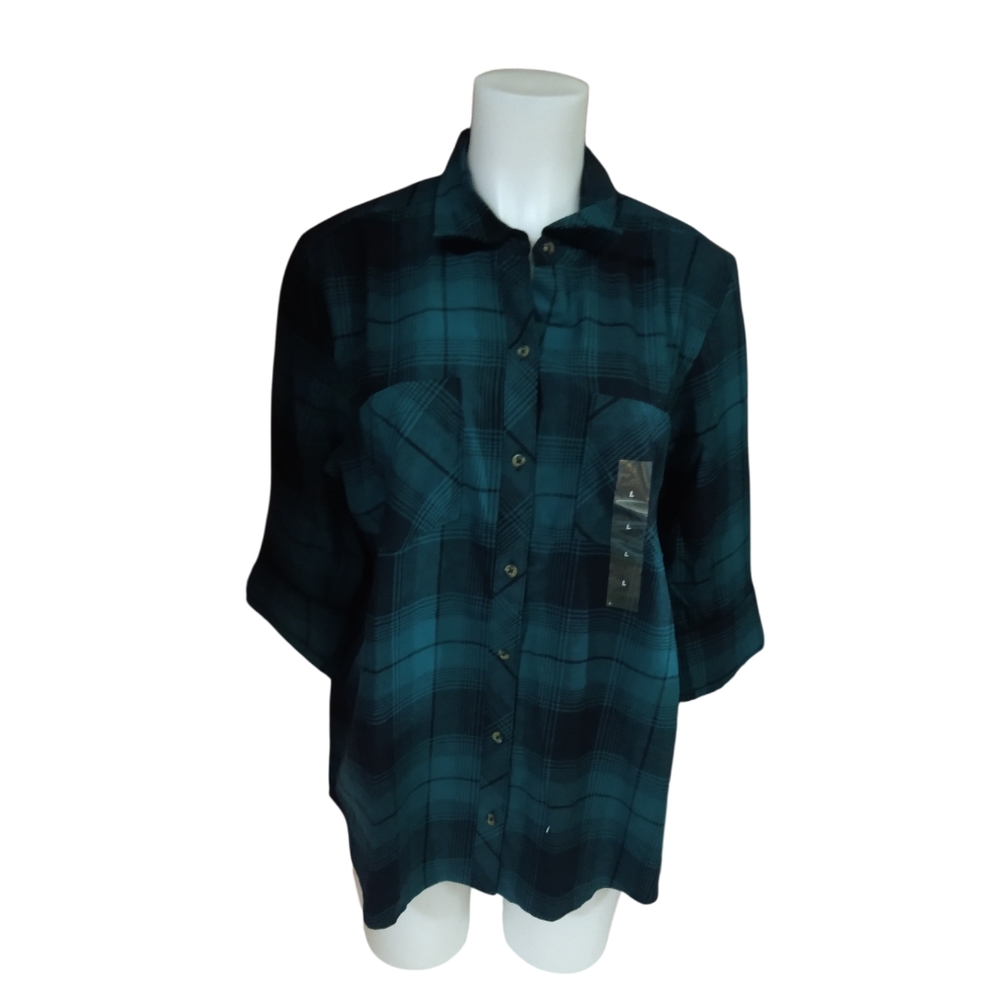 Size L Natural Reflections Quarter Sleeve Plaid Shirt Green an Black